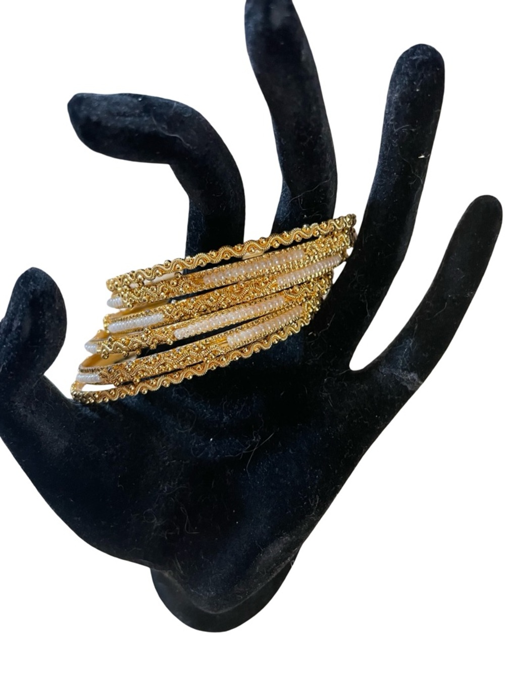 Bangle bracelet set of 6 gold tone white seed beads 7 inches approximately small - Picture 4 of 16